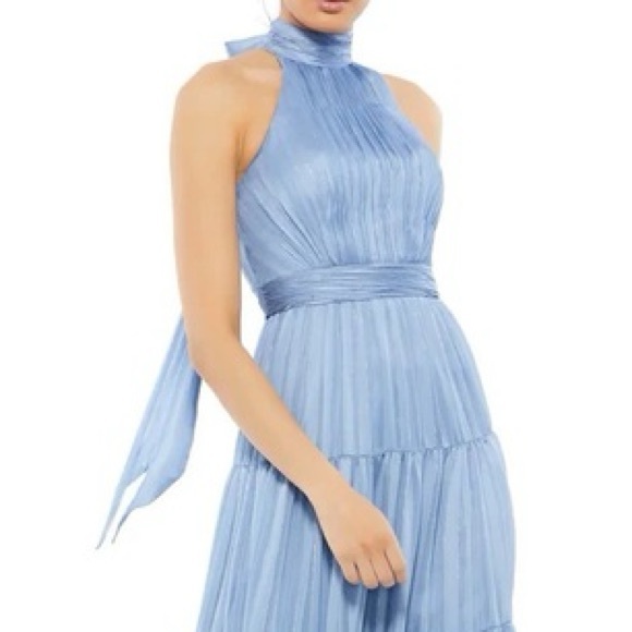 MAC DUGGAL High Neck Tiered Maxi Dress Slate Blue Metallic Silver Formal  Size 4 - Picture 4 of 15